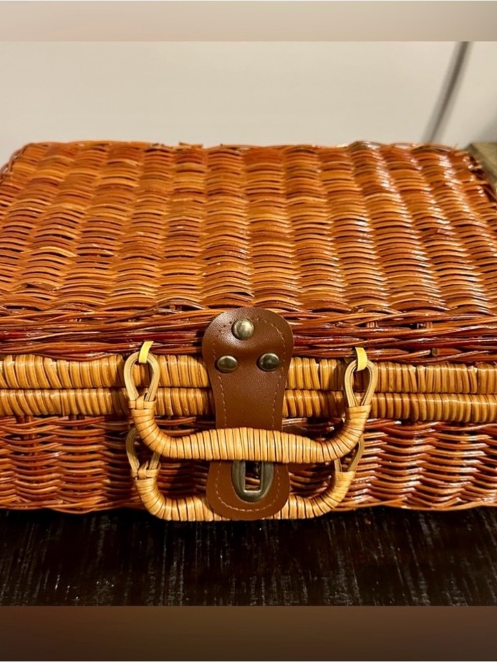 Woven Picnic Basket with Leather Strap and Brass Detail - Warm Brown